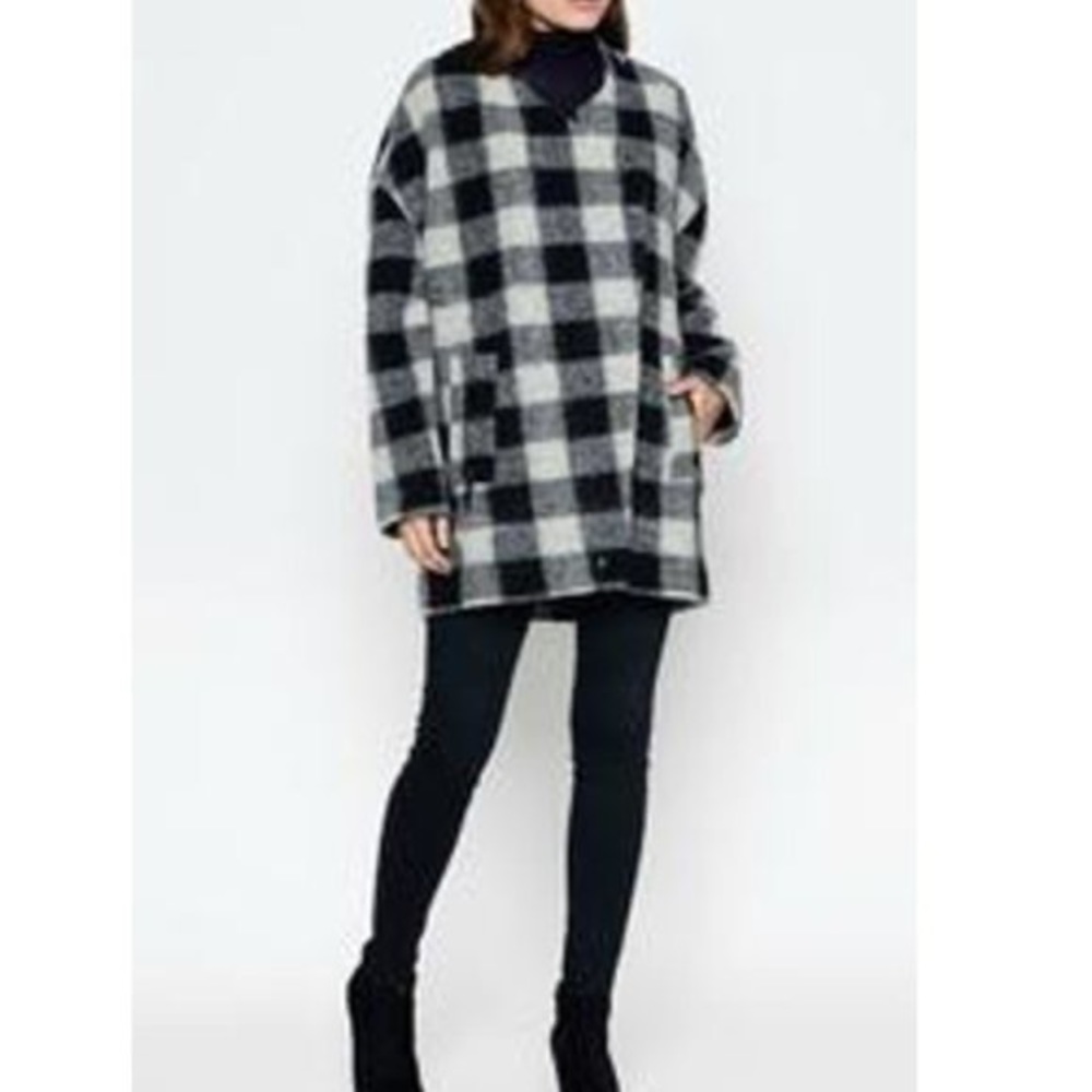 Joie Buffalo Plaid wool Coat | black and white drop shoulder  jacket | Large